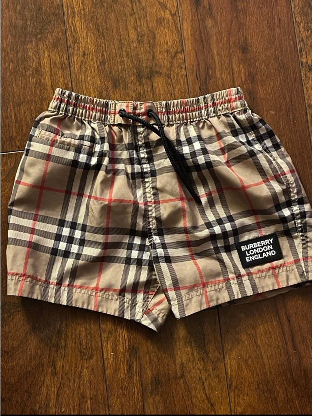 Burberry Kids Beige Classic Check Swim Shorts with Black Drawstring